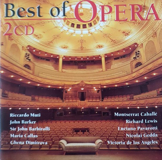 CD hoes met 'Best of OPERA' in goudkleurige letters. Op de voorgrond een luxe theater met rode stoelen en een witte sofa. Namen van dirigenten en zangers staan onder de titel.