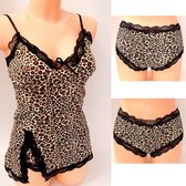 Korte Pyjama Set Slip Ondergoed Kant Lingerie Nachtkleding Panterprint Geel/Bruin Maat S