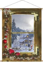 Kerst Doek - 120x90 Cm - Doorkijk Houten Raam - Kerstman Bij Huisje - Textiel Poster - Decoratie - Winter Poster - Kerst Decoratie - Kerstversiering