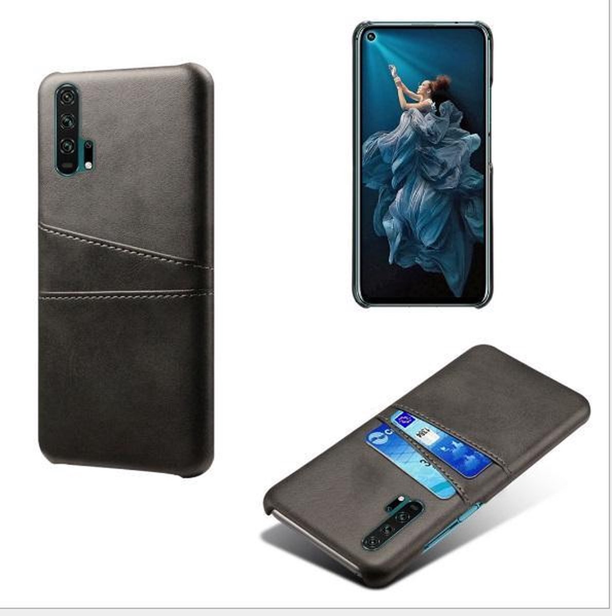 Back Cover met Opbergvakjes + Gehard Glas Screenprotector voor Honor 20 Pro_ Zwart