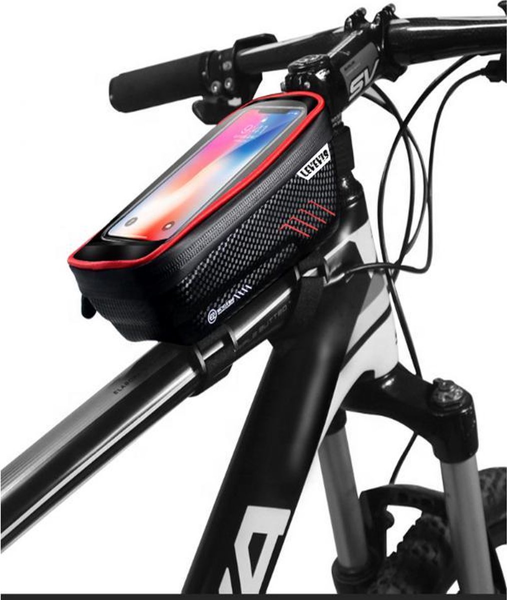 Levevis: fietstas frame – telefoonhouder fiets- MTB zadeltas racefiets – elektrische fietsen mountainbike- tot 6,8 inch - 160 ml – zwart met rood.
