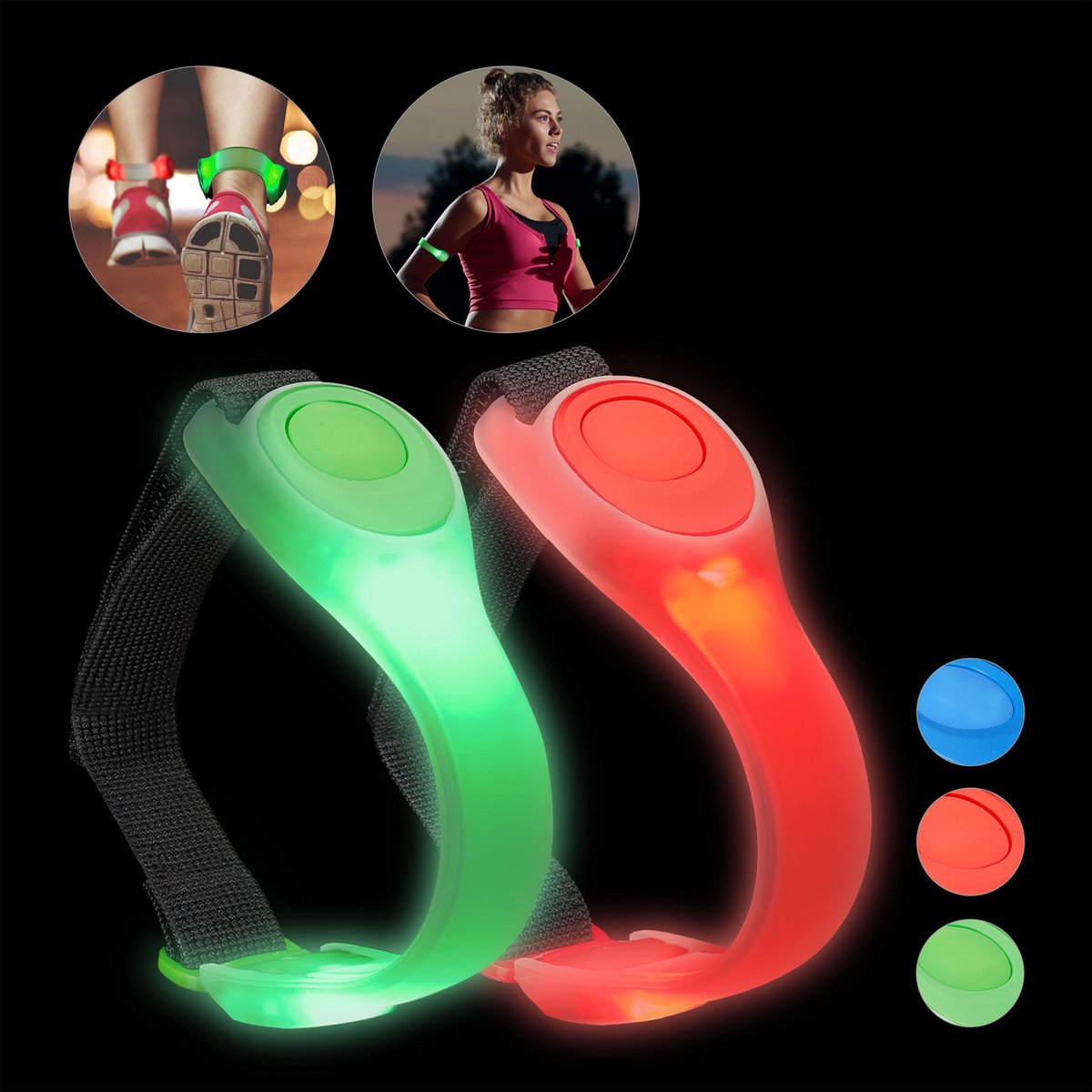relaxdays led armband - hardloop armband - 2 stuks - joggen veiligheidslicht - knipperend Kleurmix 1
