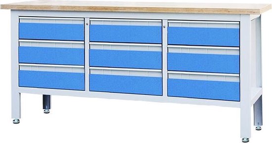 Foto: George tools werkbank 169 cm werktafel met 9 laden en multiplex werkblad blauw