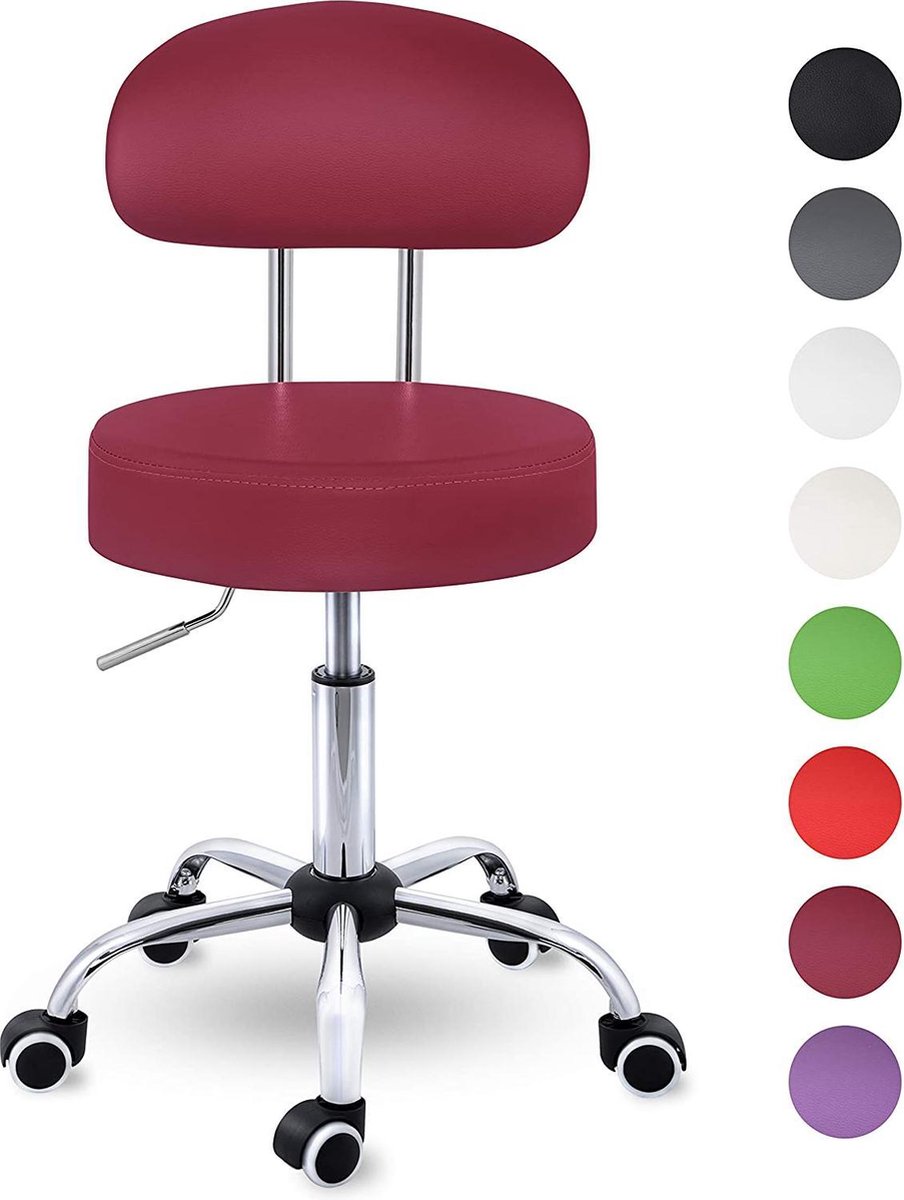 TRESKO® Rolkruk met leuning wit | Werkkruk in hoogte verstelbaar 47-60 cm | Draaikruk met wieltjes | bureaustoel kruk draaistoel visagiekruk