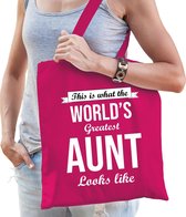 Worlds greatest AUNT cadeau tasje roze voor dames - verjaardag / kado tas / katoenen shopper voor tantes