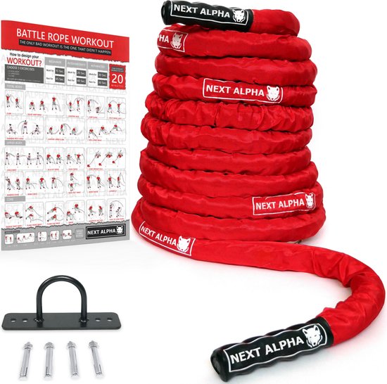 Next Alpha Battle Rope - 50mm x 9m - Beschermhoes - Muur Anker - Workout Instructie Poster