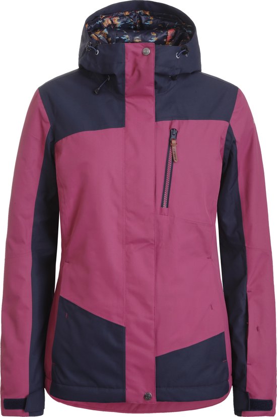 Dames ski-jas in bordeauxrood met donkerblauwe panelen en een capuchon met kleurrijke voering.