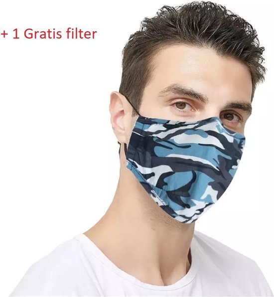 GT commerce - Wasbaar Mondkapje met filter - +1 extra filter - Blauw camouflage