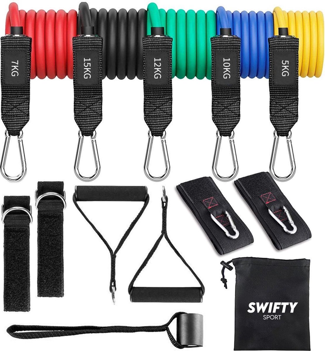 Swifty Sport - Weerstandsbanden Set - Fitness Elastiek Met Handvatten - Enkelbanden - Handvaten - Trainingsbanden - Elastiek fitness - Weerstandsbanden voor fitness set van 5 - Gratis Draagtas & Oefeningen