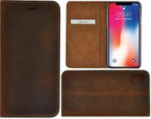 iPhone X hoesje - iPhone XS hoesje - Bookcase - Portemonnee Hoes Ultra dun Echt leer Wallet case Antiek Bruin