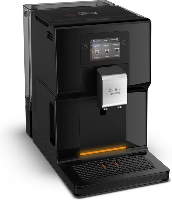 Zwarte Krups Intuition volautomatische espressomachine met oranje licht onderaan.