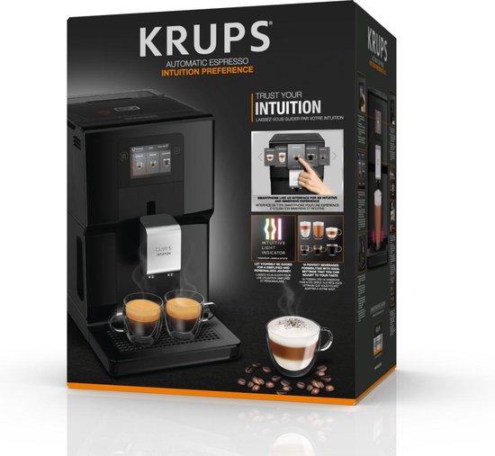 Verpakking van Krups Intuition volautomatische espressomachine met afbeelding van de machine en koffie.