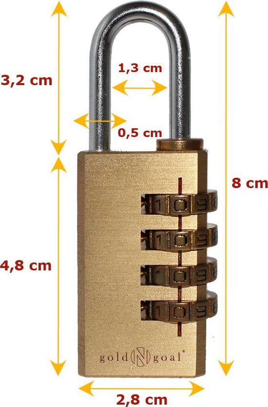 Gouden cijferslot met 4 cijfers en afmetingen: 8 cm hoog, 2,8 cm breed.