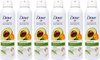 Zes flacons Dove Nourishing Secrets Invigorating bodylotion spray met avocado en calendula. Met afbeelding van avocado en oranje bloem.