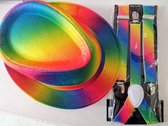 Regenboog bretellen en hoed