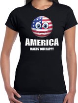 America makes you happy landen t-shirt Amerika zwart voor dames met emoticon S