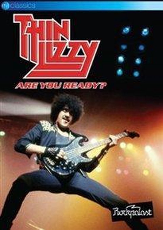 Thin Lizzy: Are You Ready? Rockpalast, met een gitarist met afro-kapsel, zwart leren jack met gouden details.