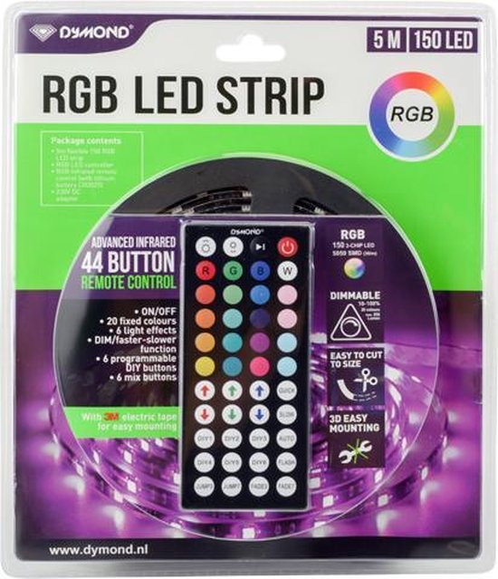 RGB led strip 5m 20 kleuren met 44 knoop afstandsbediening | bol.com