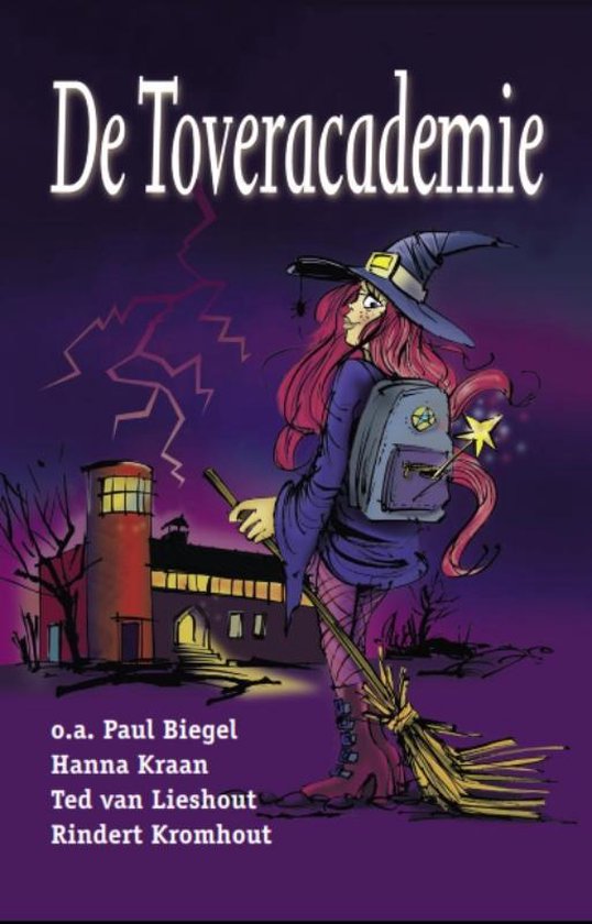 Boekcover 'De Toveracademie' met een heks met roze haar in een puntmuts, bezem in hand, voor een torengebouw bij nacht.