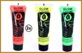 3x Face & body paint 10 ml glow in the dark Carnaval