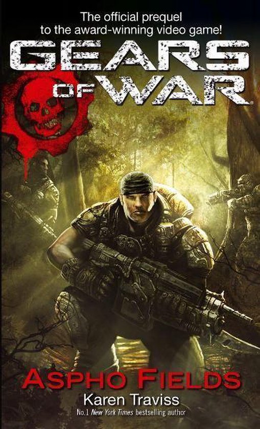 Gears of War: Aspho Fields boekcover met soldaat in harnas die een wapen vasthoudt.