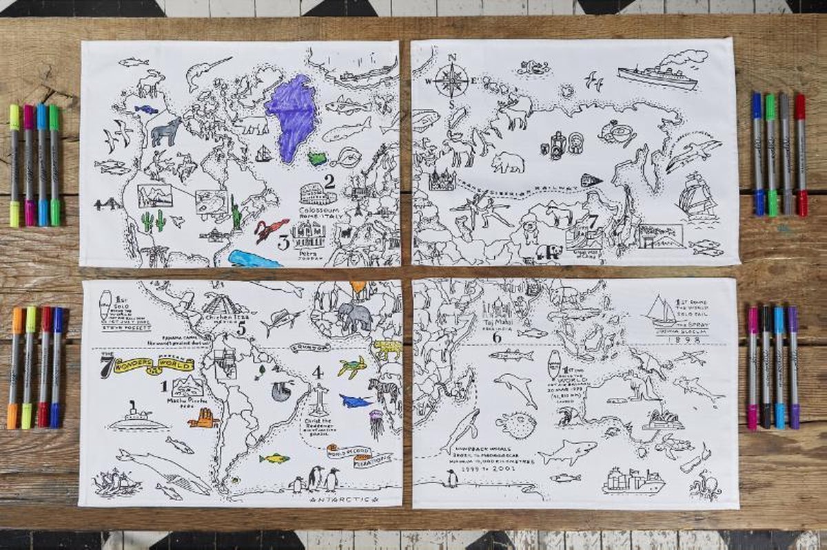 Eatsleepdoodle Kit dactivités à colorier avec carte du monde avec 10 feutres lavables 3 grandes feuilles à utiliser comme activité éducative de coloriage ou papier cadeau 