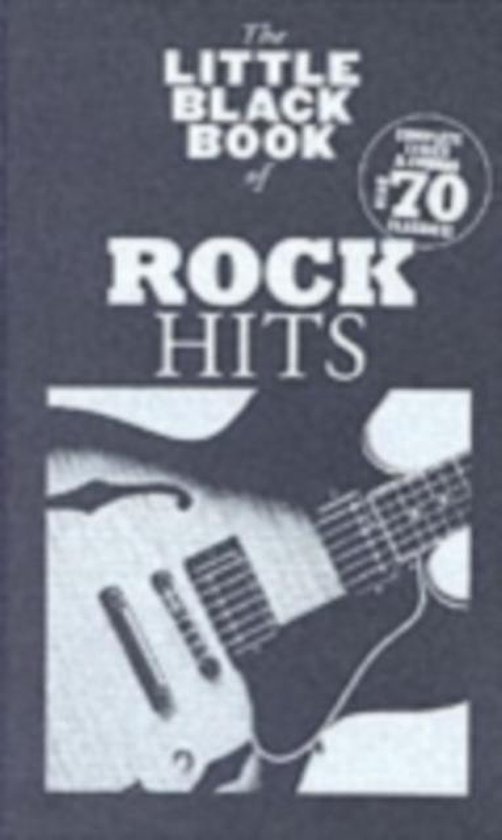 De cover van 'The Little Black Book of Rock Hits' met een zwart-wit foto van een elektrische gitaar.