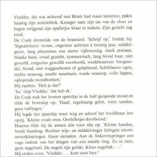 Tekstpagina met een gedetailleerd plot uit een misdaadroman. Zwart-wit tekst op crème papier.
