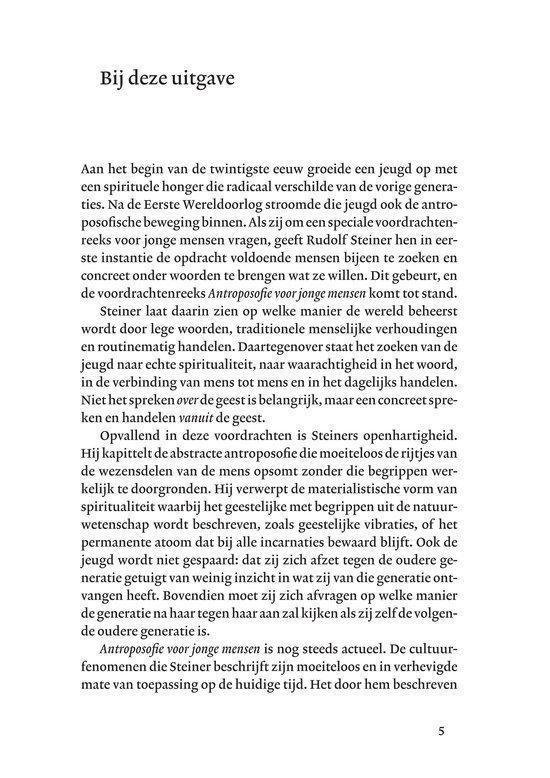 Pagina met 'Bij deze uitgave' en tekst over antroposofie voor jonge mensen.