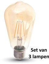 Retro LED lamp Amber glas| ø = 64mm  L = 138mm | 2200K Warm Wit | E27 6W vervangt 40W | Set van 3 stuks