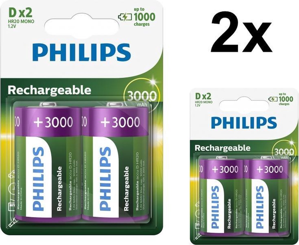 4 Stuks (2 Blisters a 2st) - Philips MultiLife 1.2V D / HR20 3000mAh NiMh oplaadbare batterij