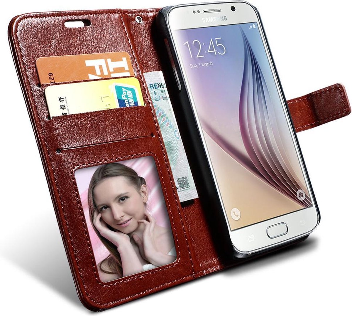 Hoesje geschikt voor Samsung Galaxy S6 Edge - Kunstlederen TPU Wallet Case Bruin - Portemonee Hoesje - Book Case - Flip Cover - Klap - 360 beschermend Telefoonhoesje