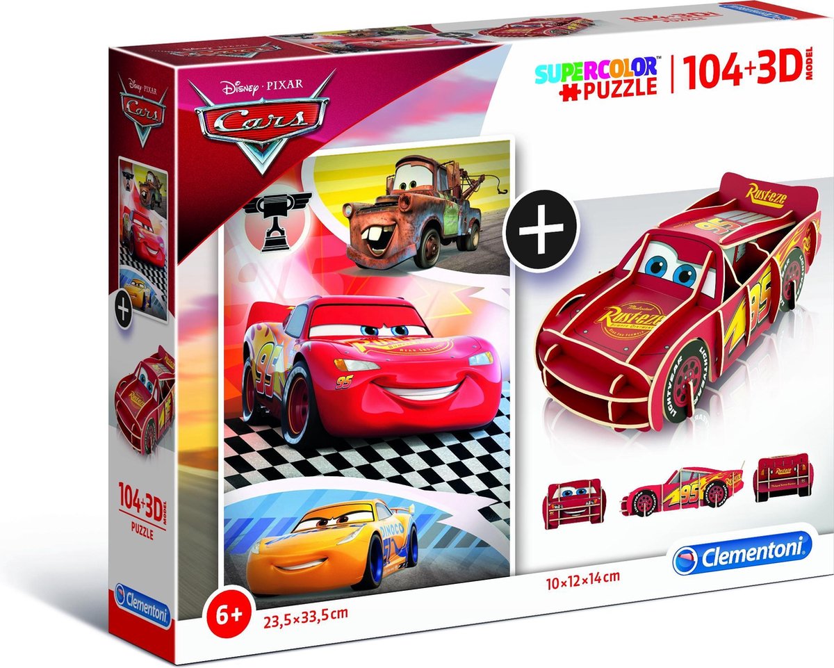 Clementoni - Disney Cars - Kinderpuzzel - 23.5 x 33 cm - 104 Stukjes - Vanaf 6 jaar - Inclusief 3D-model
