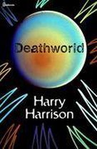 Boekomslag van Deathworld door Harry Harrison, met een bolle planeet in meerkleurige tinten en abstracte lijnen.