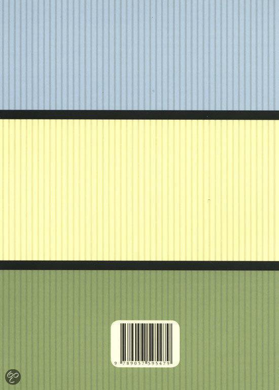 Achterkant van een boek met drie gekleurde horizontale banen en een barcode.