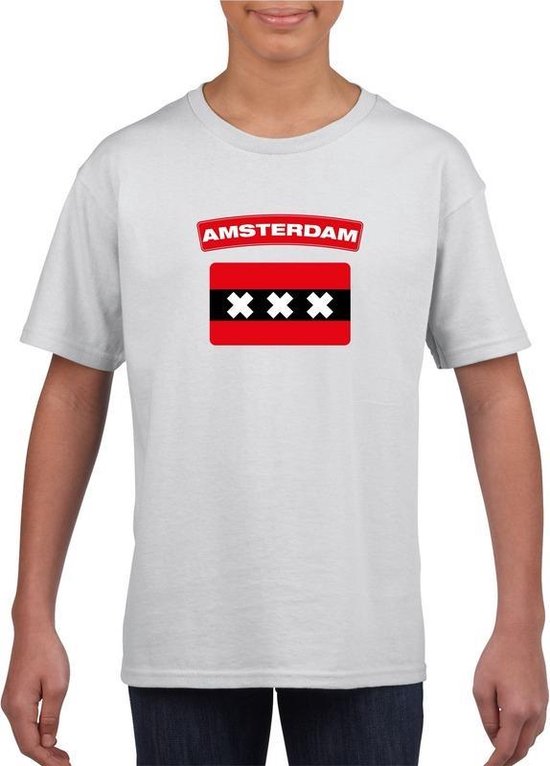 Amsterdam t-shirt met Amsterdamse vlag wit kinderen 158/164