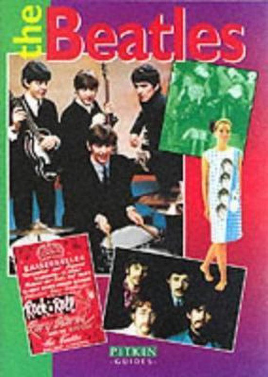 Boekomslag met foto's van The Beatles, inclusief een model in een jurk met groepsfoto en oude concertposters.