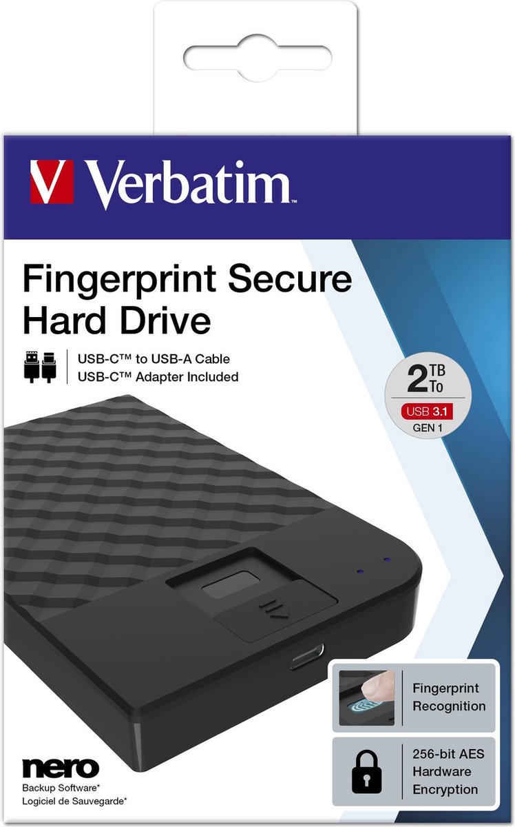 Verbatim Fingerprint Secure externe harde schijf 2 TB Zwart