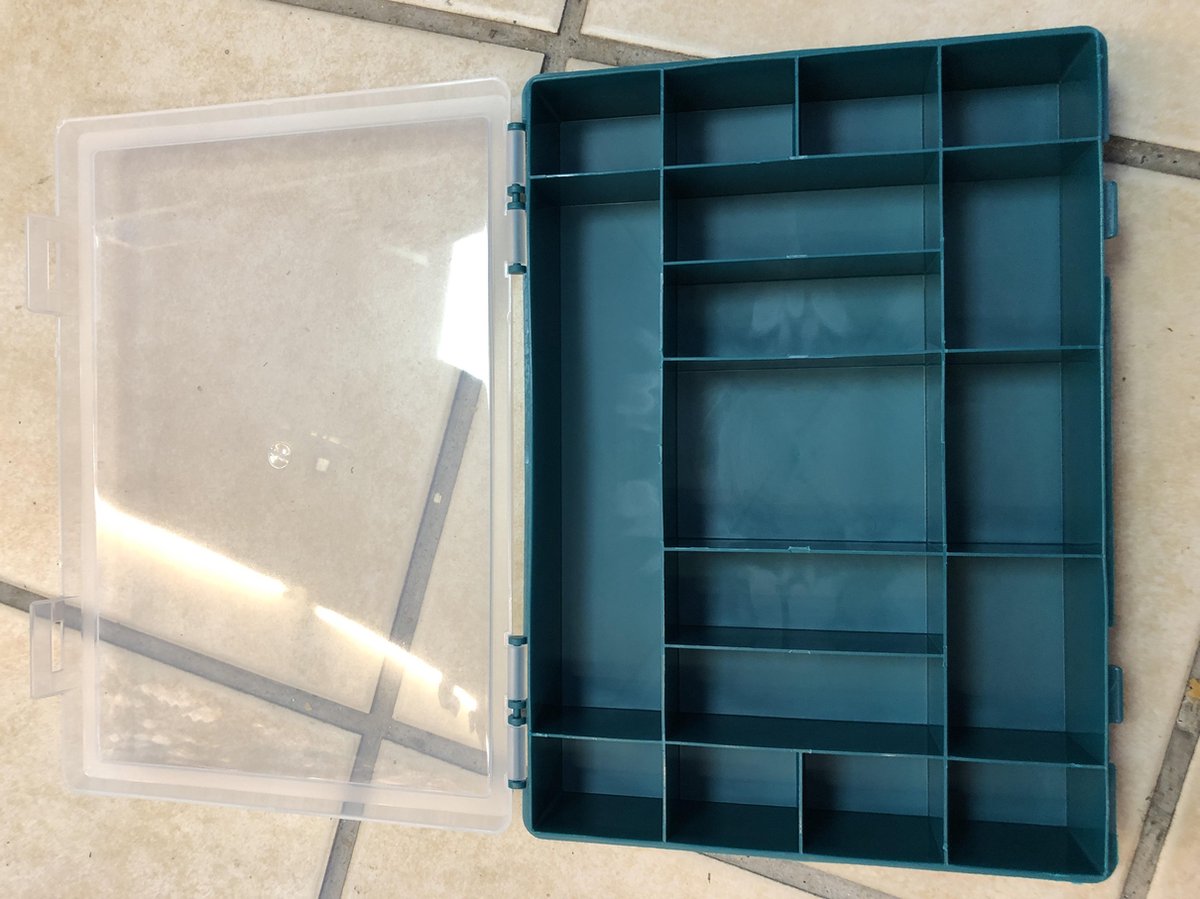 assortimentsdoos, 17 vaste compartimenten, transparant deksel, stapelbaar, 330 x 274 x 54 mm, blauw