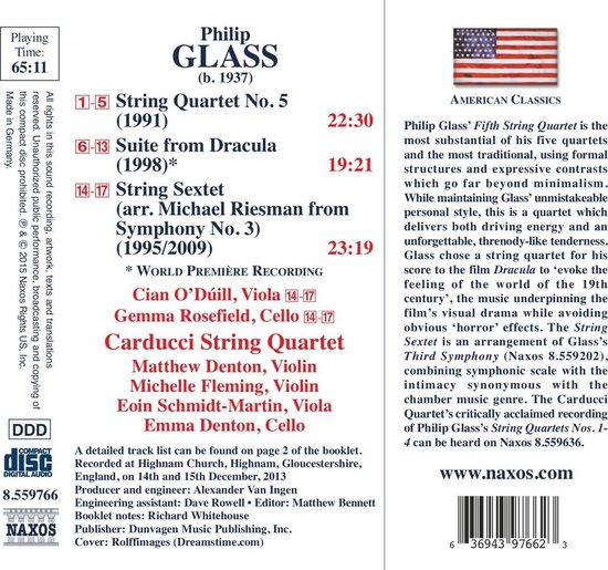 Philip Glass: String Quartet No. 5, Suite from Dracula, String Sextet. Met Carducci String Quartet, Cian O'Dúill, Gemma Rosefield.