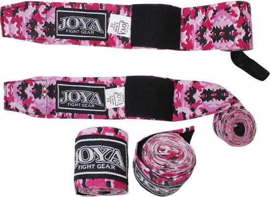 Joya camouflage bokshandschoenen, roze met zwarte en witte camouflageprint. Bandages zijn opgerold en uitgerold.