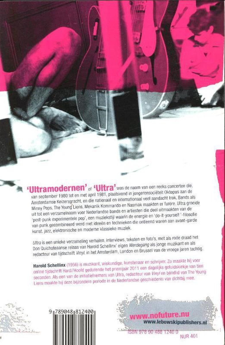 Boekcover met roze, grijze en zwarte abstracte vormen, tekst 'ULTRA' en een afbeelding van gitaren.
