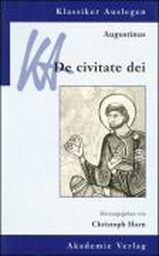 Boek 'De civitate Dei' door Augustinus, met een illustratie van een heilige.