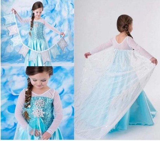Elsa jurk Ster 130 met sleep + ketting maat 122-128 Prinsessenjurk meisje blauw Verkleedkleren meisje - La Señorita