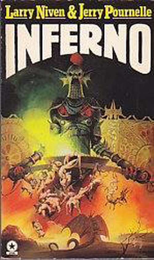 Boekcover 'Inferno' van Larry Niven & Jerry Pournelle met een demonische krijger in harnas en vuur op de voorgrond.