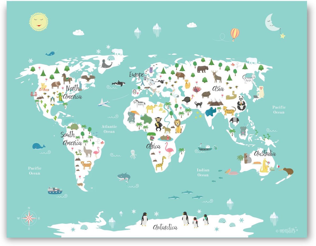 Dieren Wereldkaart Poster voor kinderkamer Blauw 50x70 cm