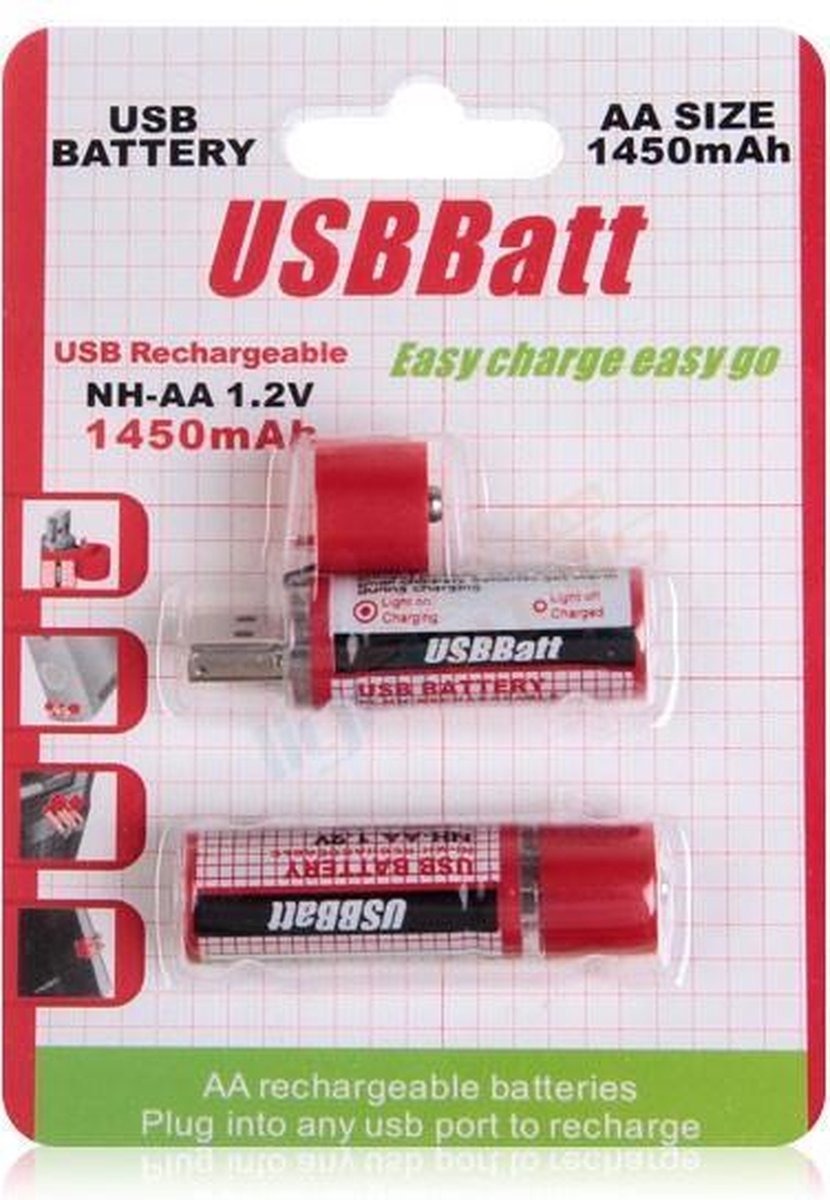 USBBatt AA Oplaadbare Batterijen (USB) - 2 stuks - 1450 mAh inktmedia® huismerk