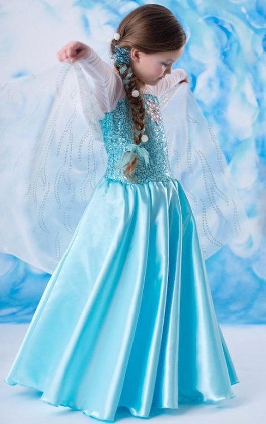 Elsa jurk Ster 130 met sleep + ketting maat 122-128 Prinsessenjurk meisje blauw Verkleedkleren meisje - La Señorita