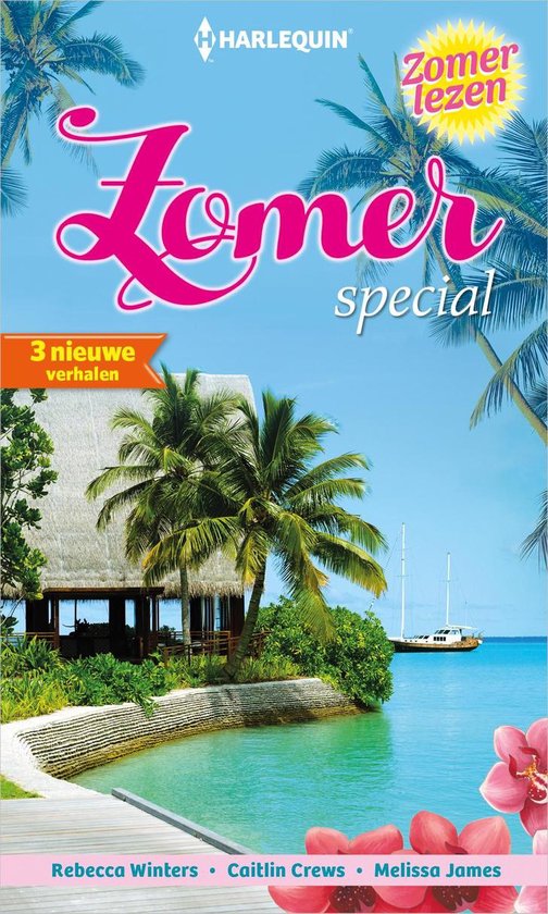 Harlequin Zomerspecial, met de titels 'Zomer' en '3 nieuwe verhalen'. Een tropisch strand met hutten en een zeilboot.