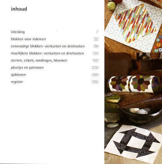 Pagina met de inhoudsopgave van een quiltboek, met diverse quiltblokken.
